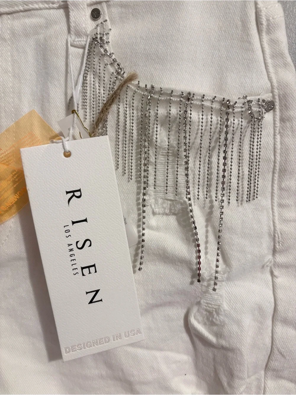 RISEN White Denim Shorts with Silver Chain and Rhinestone Fringe - Picture 3 of 9